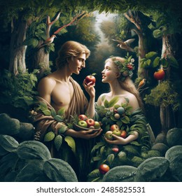 Renaissance-style, Adam and Eve in the Garden of Eden, Eve offering a red delicious apple with a bite taken out of it, Eve has a beautiful smile showing healthy teeth with a shy expression, Adam and Eve have bare shoulders and modesty preserved, detailed