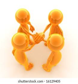 Render of 4 characters holding hands together.