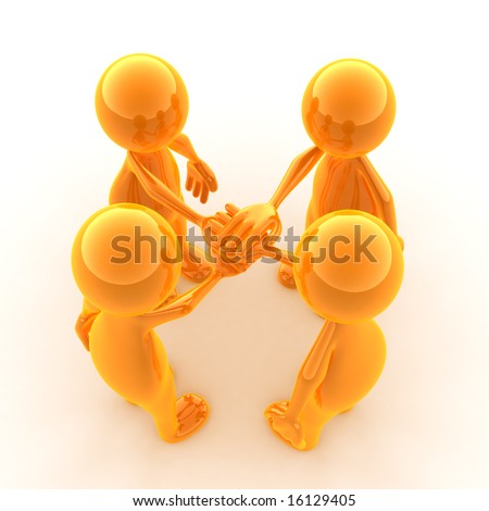 Render of 4 characters holding hands together.