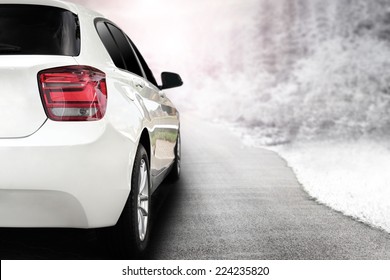 render of white sport car without a trade brand and winter trip 