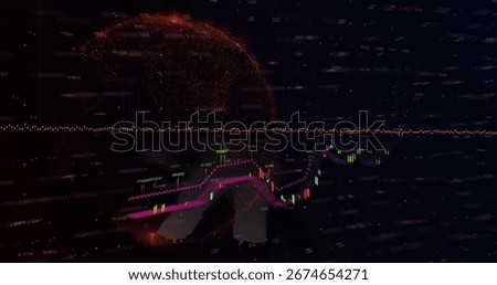 Rendering candlestick chart moving on dashboard with magenta trend line, orange globe, numeric axis. Financial, analytics, digital, technology, data, chart, innovation