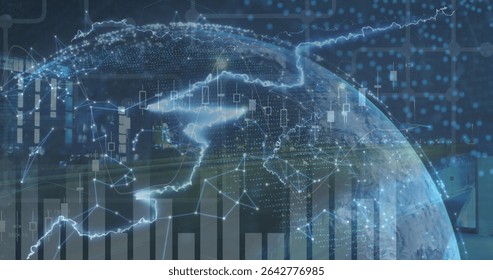 Rendering central digital globe in network UI, with glowing data nodes, binary code and bar graphs. Technology, innovation, analytics, futuristic, data visualization, cybersecurity, smart systems