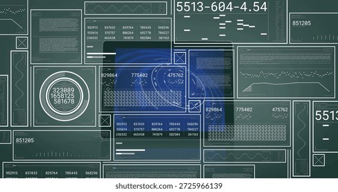 Rendering central translucent blue data panels on virtual dashboard, showing gauge, matrix, code. Layered, overlay, futuristic, interface, monitoring, teal, grid