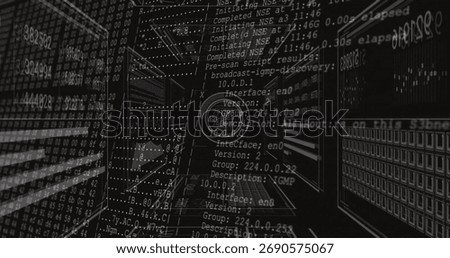 Rendering code tunnel streaming console output data in virtual server room, with IP address entries. Cybersecurity, data visualization, network architecture, digital environment, server infrastructure