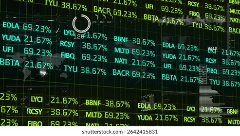 Rendering financial dashboard interface at market data terminal, with data grid, world map, charts. Technology, analytics, modern, futuristic, data visualization, investment, enterprise