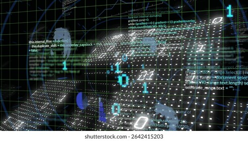 Rendering grid lines shifting in data matrix, with binary digits, code snippets and dotted planes. Futuristic, technology, cyber, digital, interface, virtual, matrix