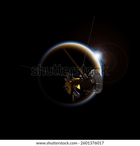 Rendering of NASA's Cassini spacecraft observing a sunset through Titan's hazy atmosphere.