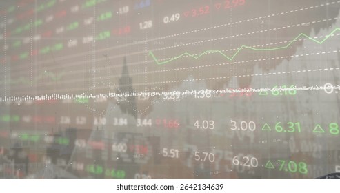 Rendering overlay over skyline, grid, line graphs, prices, arrows and waveform data stream. Futuristic, digital, analytic, technology, financial, abstract, sleek