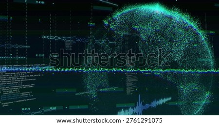 Rendering particle-formed globe pulsing in virtual data hub, with waveform sparkline, floating code. Neon, futuristic, interface, dashboard, analytics, holographic, earth
