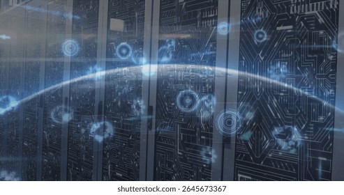 Rendering server racks with circuit overlay, and floating network nodes lining server room aisle. Technology, cybersecurity, data infrastructure, futuristic, digital, industrial, network - Powered by Shutterstock - Get 15% off with code: PIKWIZARD15