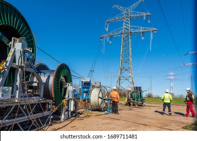 Rendsburg, Germany, March 31, 2020 - Construction Site Near Rendsburg In Germany To Build A High Voltage Power Line From Hamburg To Denmark