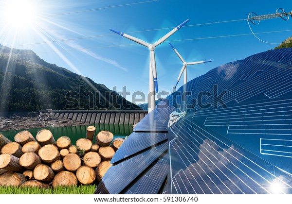 Renewable energies sources - Wind\
energy (wind turbines),  solar energy (solar panels), biomass (tree\
trunks) and hydro power (dam for hydroelectric\
power)