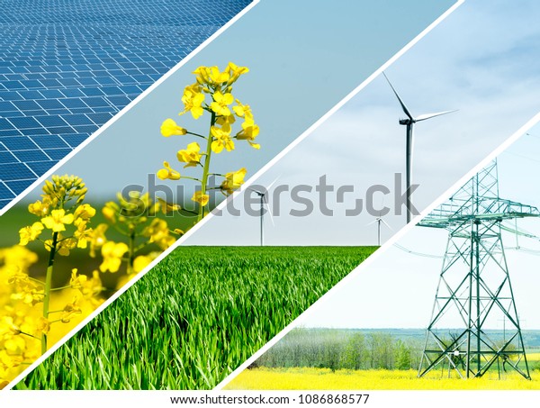 Renewable energies and sustainable resources -\
electrical energy infrastucture, wind mills, rapeseed flower and\
solar panel. Photo\
collage
