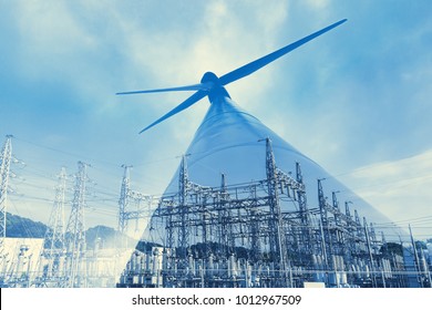 Renewable energy concept. Double exposure of Wind mill and substation. - Powered by Shutterstock