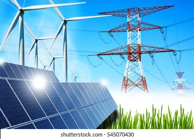 Renewable energy concept with grid connections solar panels and wind turbines - Shutterstock ID 545070430