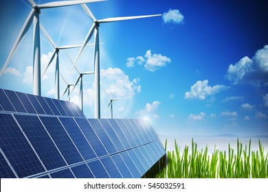 Renewable Energy Concept With Solar Panels And Wind Turbines On Green Field