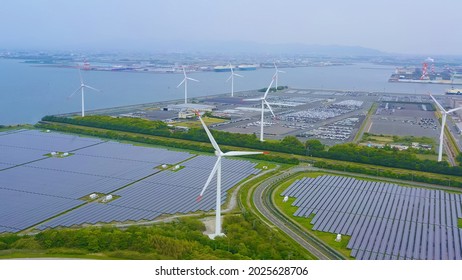 Renewable Energy Concept. Solar Power Plant And Wind Power Plant Aerial View.