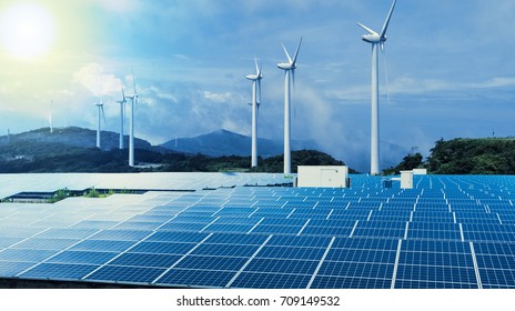 Renewable Energy Conceptual Visual. Wind Power Plant And Solar Power Plant.