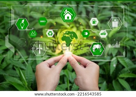 Renewable Energy. Hand holding light bulb and have green world map  with icons energy sources for renewable, sustainable development. green energy concept energy sources sustainable Ecology Elements.