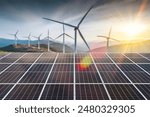 Renewable energy. Photovoltaic power plant and wind turbine farm. Green energy concept.