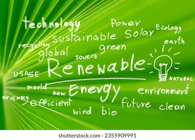 Renewable energy sources include eath power, global wind, and bioclean environment recycling.word on energy efficiency