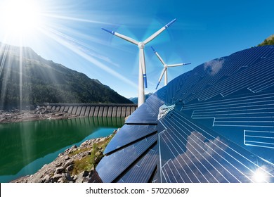 Renewable Energy - Sunlight With Solar Panel. Wind With Wind Turbines. Rain With Dam For Hydropower