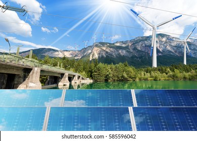 Renewable Energy - Sunlight With Solar Panel. Wind With Wind Turbines (3d Illustration). Water With Dam For Hydro Power