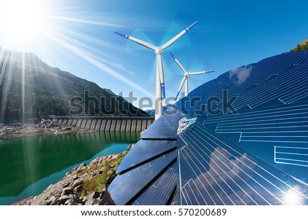 Renewable Energy - Sunlight with solar panel. Wind with wind turbines. Rain with dam for hydropower