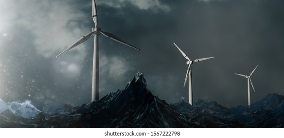 Renewable Energy, Wind Power With Windmills In The Middle Of The Sea With Storm