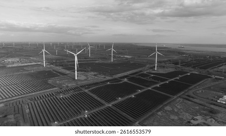 Renewable sustainable energy in Germany. wind turbines and solar panels. Aerial view.