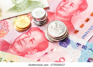 Renminbi Official Currency Of China. Abbreviation RMB. Yuan Basic Unit Of The Renminbi. Set Of One Hundred Yuan Close Up. Coins And Paper Bills. Chinese Money. Business Concept.