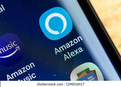 RENO, NV - January 16, 2019: Amazon Alexa Android App on Galaxy Screen. Amazon Alexa is a Virtual Assistant AI.