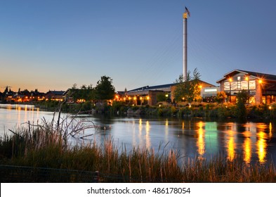 Renovated Old Industrial Riverside Buildings at Sunset in Bend, Oregon