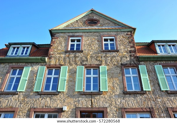 Renovated Sandstone Housefront Gable Dormer Windows Stock Photo