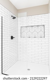 A Renovated Shower With White Subway Tiles, Glass Wall, Black Faucet, And White Kavala Tile In The Shelf.