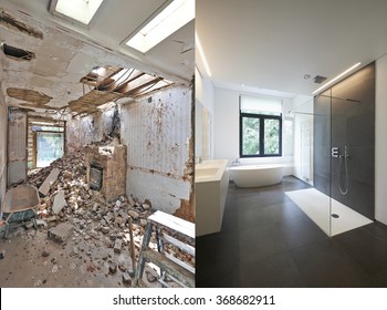 Renovation of a bathroom Before and after in horizontal format - Shutterstock ID 368682911