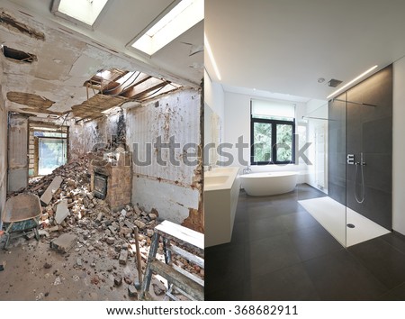 Renovation of a bathroom Before and after in horizontal format 商業照片 © 