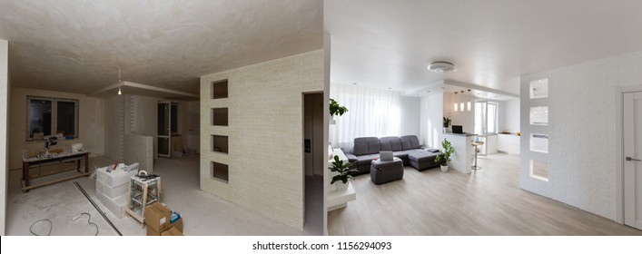Renovation before and after - empty apartment room, new and old,
