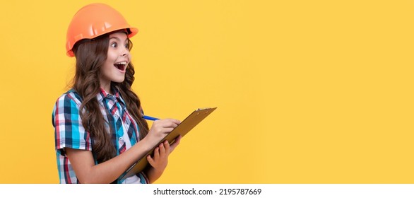 Renovation Child, Surprised Teen Girl In Construction Helmet Making Notes In Clipboard, Check Results. Child Builder In Helmet Horizontal Poster Design. Banner Header, Copy Space.