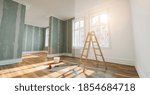 renovation concept - apartment before and after restoration or refurbishment with paint bucket and Flattened drywall walls