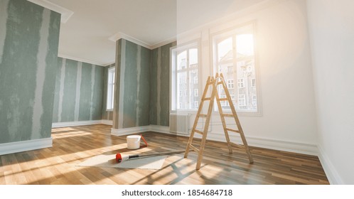 concepto de renovación - apartamento antes y después de la restauración o renovación con cubeta de pintura y paredes de paredes de secado.