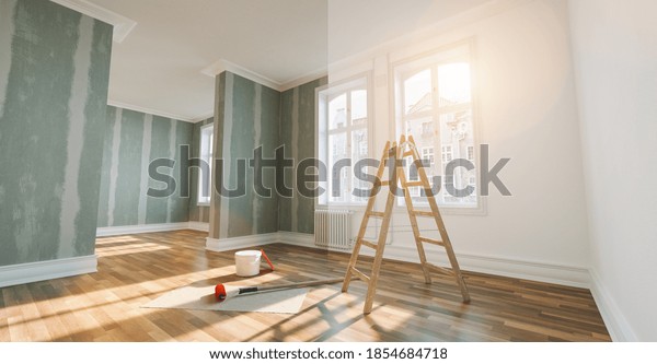 renovation\
concept - apartment before and after restoration or refurbishment\
with paint bucket and Flattened drywall\
walls