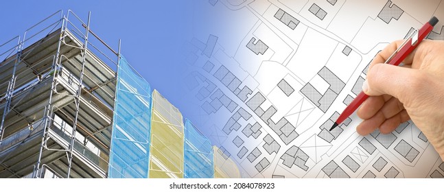 Renovation of a condominium residential building with a metal scaffolding in a construction site for works on facade - concept image with hand drawing over a city map of territory. - Shutterstock ID 2084078923