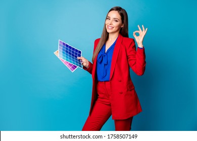 Renovation is done! Photo of attractive lady interior designer hold paint palette cards hands showing okey symbol wear luxury red suit blouse shirt isolated blue color background - Powered by Shutterstock