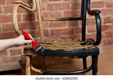 Renovation Of Old Furniture - An Old Wooden Armchair. We Polish The Old Varnish And Paint With Acrylic Paint. We Create Craquelures. Vintage Style