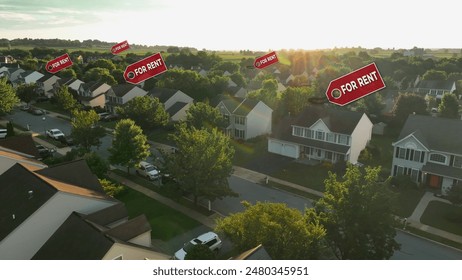 For Rent tags on houses in American neighborhood. Sunlit suburban street with renting homes during sunset. AirBnB, investment property, real estate theme. Aerial - Powered by Shutterstock