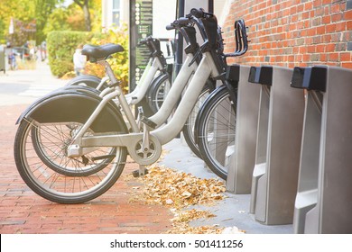 Rental Bikes On Rack. Bicycles On A City Street In USA. Bike Share System. The Concept Of The Public Transport. 
