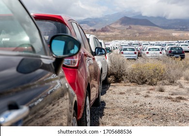 Rental Cars In Tenerife Parked Outside The Airport During The Coronavirus Crisis. Pandemic Time And No Tourist Left 40 000 Cars Unused