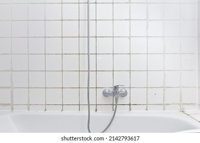 Rental damage concept: grimy shower in bath tub with black mold growing on calcifications on the tile grouting in a neglected old bathroom. - Shutterstock ID 2142793617