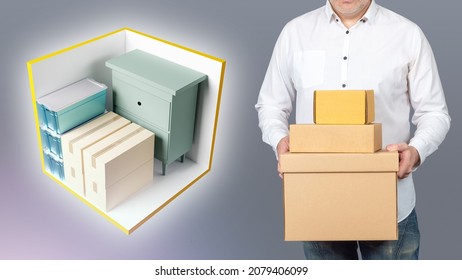 Rental Storage Units. Self Storage Unit Cutaway. Man With Boxes On Gray Background. Warehouse Container With Content Demonstration. Self Storage Company. Warehouse Unit With Boxes And Furniture